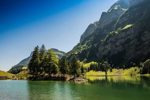 Steep mountains and lake