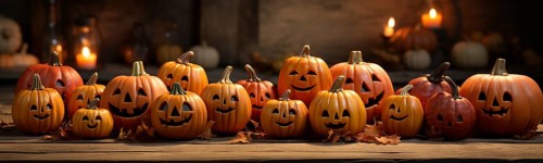 Spooky and fun collection of dozens of halloween carved pumpkins outside on hallows eve