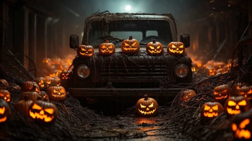 Spooky and fun collection of dozens of halloween carved pumpkins surrounding and old scary truck outside in the moonlight on hallows eve