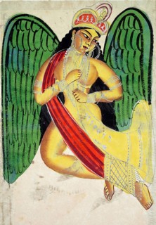 Winged apsara with a horn