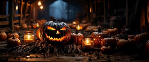 Spooky and fun collection of dozens of halloween carved pumpkins outside on hallows eve