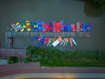 Aerial view of a boat rental station Alten Greetsieler Sieltief