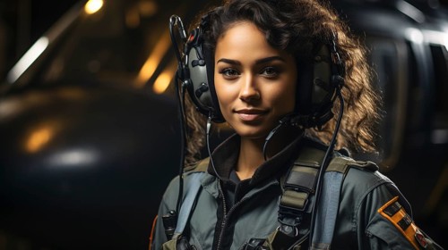 Female african american military helicopter pilot standing near her aircraft