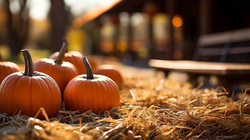 Dozens of orange fall and halloween pumpkins and hay decorating the country barn scene