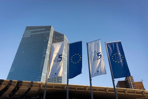 Two flags with the inscription 25 ECB fly in front of the European Central Bank's