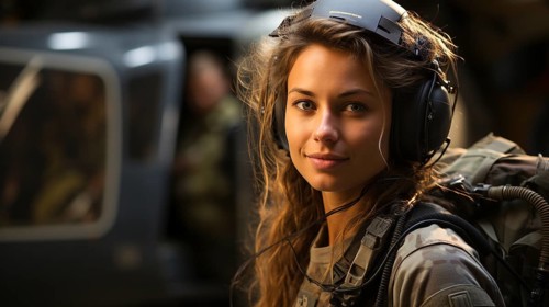 Female military helicopter pilot standing near her aircraft