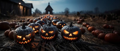 Spooky and fun collection of dozens of halloween carved pumpkins outside on hallows eve