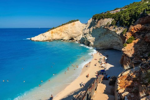Stairs leading to Porto Katsiki beach on Lefkada island in summer