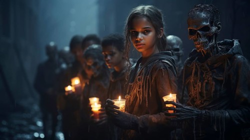 Scary and mysterious children carrying candles on a foggy halloween night
