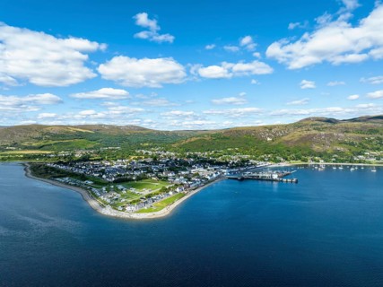 Aerial view of Loch Broom with the harbour town of Ullapool in the Northwest Highlands
