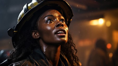 Female african american firefighter wearing protective helmet and gear at a fire incident