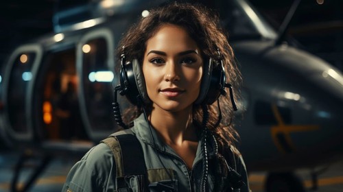 Female african american military helicopter pilot standing near her aircraft