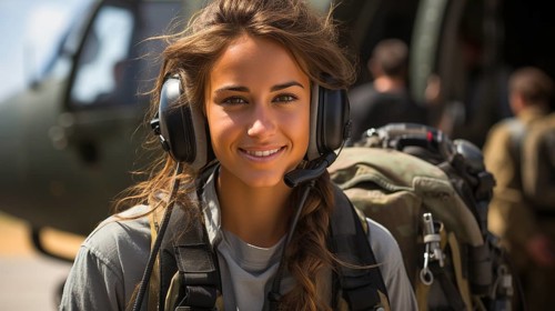 Female military helicopter pilot standing near her aircraft