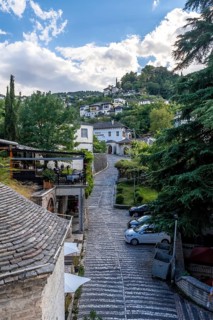 Views from the viewpoint of the city of Gjirokaster or Gjirokastra. Albanian