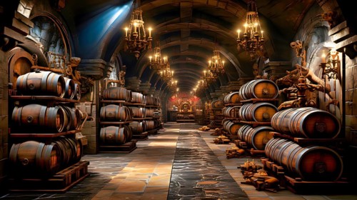 An old cellar filled with oak barrels for the storage and maturation of an alcoholic beverage
