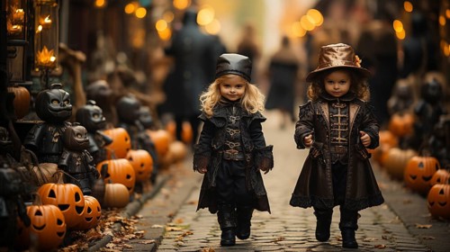 Cute little children dressed up for halloween walking down the sidewalk together