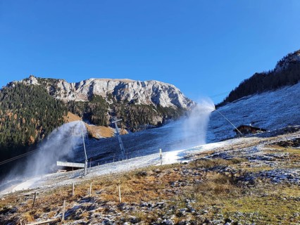 Artificial snow machines in operation in late autumn at the Jenner middle station in the Berchtesgaden National Park