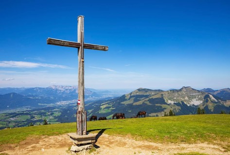 Herd of horses at the summit cross on Trattberg with a view of Schlenken and Schmittenstein