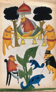 The Court of the Jackal Rajah. Based on an Indian proverb that says that even in the jungle the jackal can be king. The painting is based on two stories: The upper one shows a royal figure sitting on ...