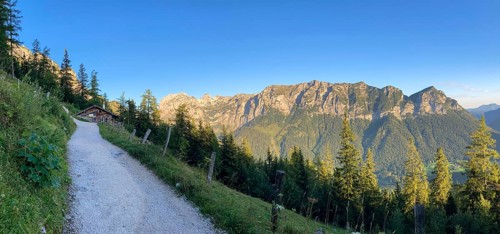 Panorama of the horse-rider Alm from the Schaertenalm in the early morning