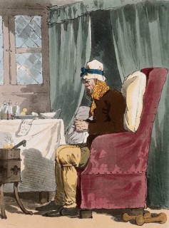 A seated hypochondriac trembling in front of a fire
