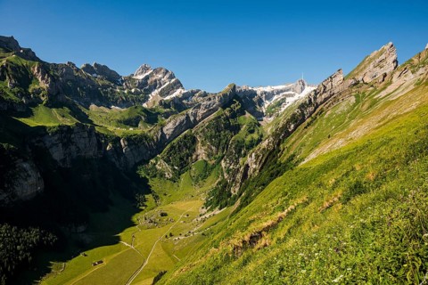 Steep mountains and lake