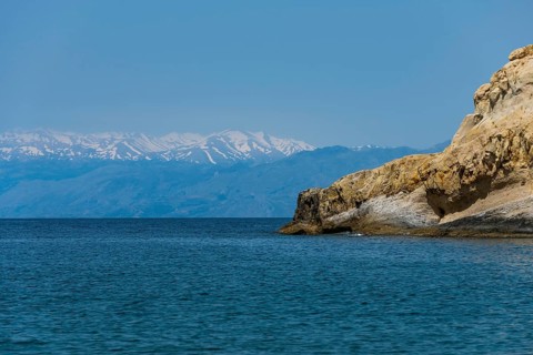 The island of Crete with snow-capped mountains