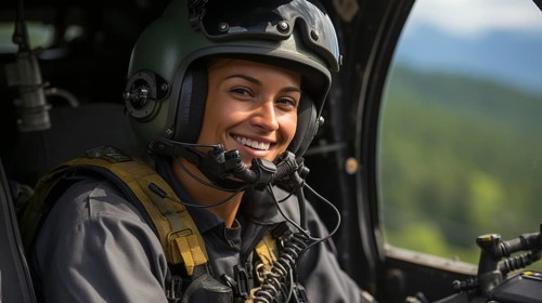 Female african american military helicopter pilot in the cockpit