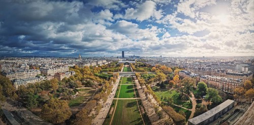 Panoramic view to the Paris cityscape from the Eiffel tower heights