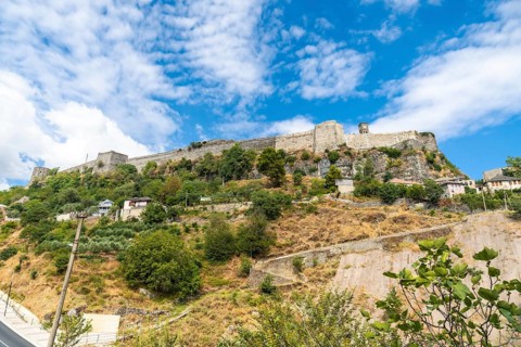 Views from below of the Ottoman castle fortress of Gjirokaster or Gjirokastra. Albanian