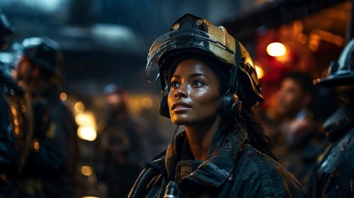 Female african american firefighter wearing protective helmet and gear at a fire incident