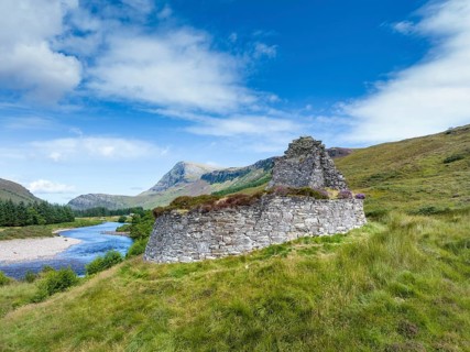 Aerial view of Dun Dornaigil Broch near Alltnacaillich in the Scottish Highlands
