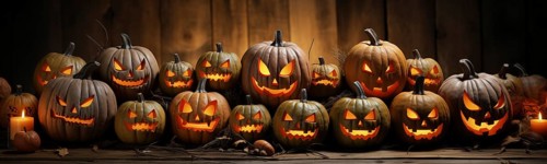 Spooky and fun collection of dozens of halloween carved pumpkins outside on hallows eve