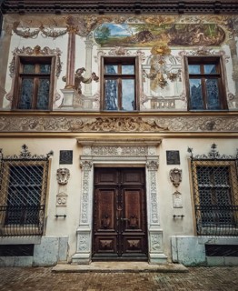 Beautiful painted walls and facade details of the Peles castle the royal residence in Sinaia