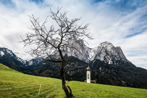 Snow-covered mountains and church