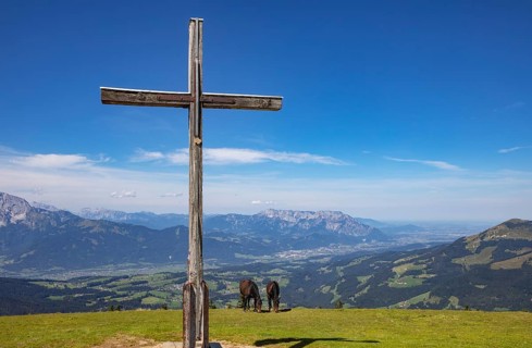 Herd of horses at the summit cross on the Trattberg with a view into the Salzach Valley