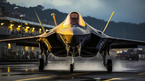 A lockheed martin F-35 fighter jet takes off of an aircraft carrier