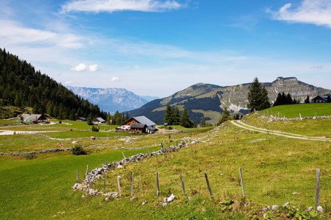 Almhuetteb on the Trattbergalm with view to the Untersberg