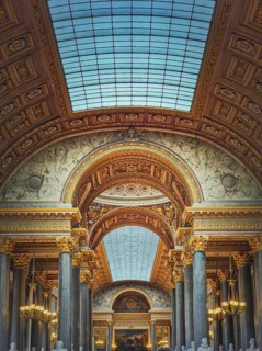 Architectural details of the Gallery of Great Battles hall inside Versailles palace