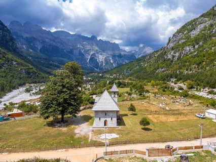 Aerial view over the Catholic Church in the valley of Theth National Park