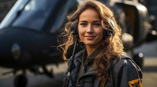 Female military helicopter pilot standing near her aircraft