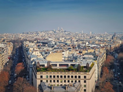 Aerial Paris cityscape with view to Sacre Coeur Basilica of the Sacred Heart