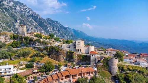 Aerial drone view of Kruje Castle and its fortress