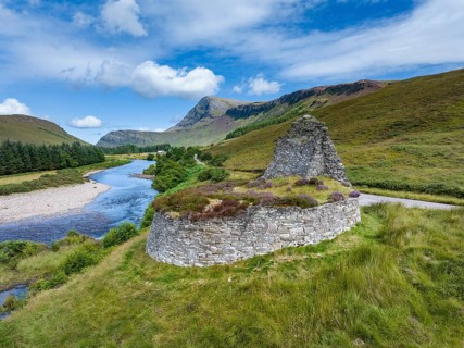 Aerial view of Dun Dornaigil Broch near Alltnacaillich in the Scottish Highlands