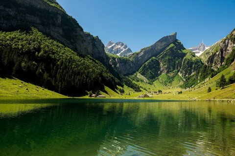 Steep mountains and lake