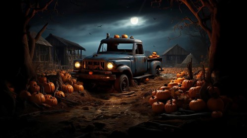 Spooky and fun collection of dozens of halloween pumpkins surrounding and old scary truck outside near barn in the moonlight on hallows eve