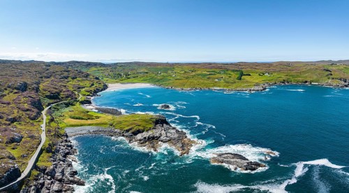 Aerial panorama of Clashnessie Bay and the single track road and scenic route B869