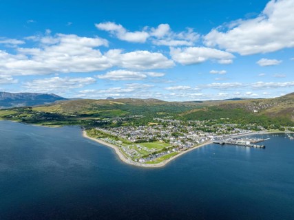 Aerial view of Loch Broom with the harbour town of Ullapool in the Northwest Highlands