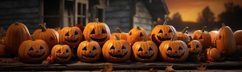 Spooky and fun collection of dozens of halloween carved pumpkins outside on hallows eve