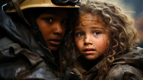 Young african american female firefighter rescuing a young girl